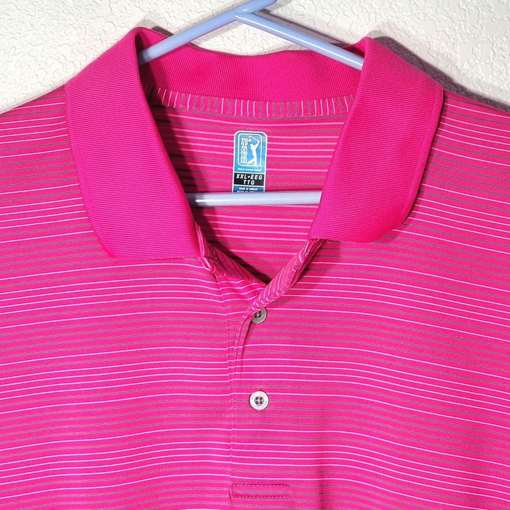 PGA Tour Mens XXL Pink Striped Short Sleeve Polo Shirt 100% Polyester